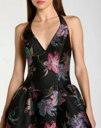 Black Brocade Halter Neck Open Back Midi Dress