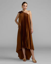 Mac Duggal #13308 Nutmeg pleated one shoulder high low trapeze gown