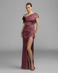 Mac Duggal #13311 rosewood one shoulder charmeuse gown with 3D flower