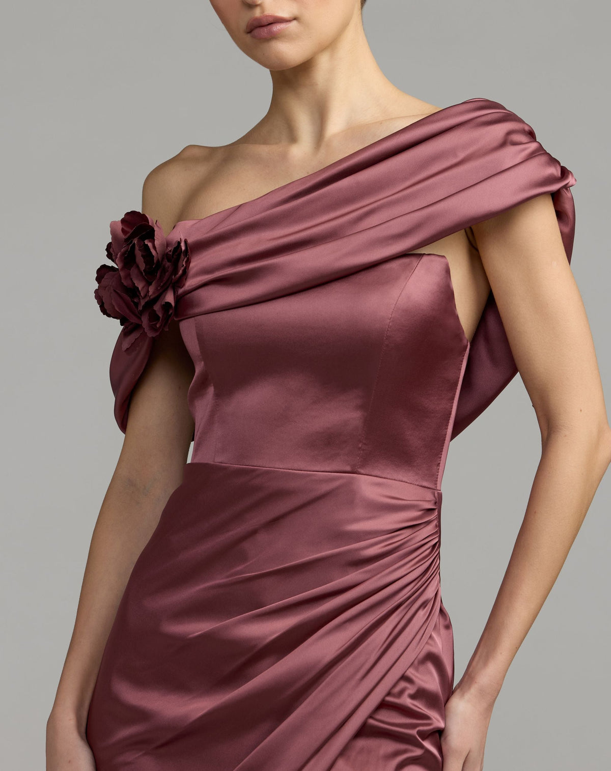 Mac Duggal #13311 rosewood charmeuse gown 3D flower close-up