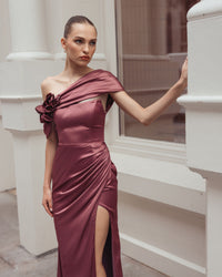 Mac Duggal #13311 rosewood charmeuse gown with thigh slit
