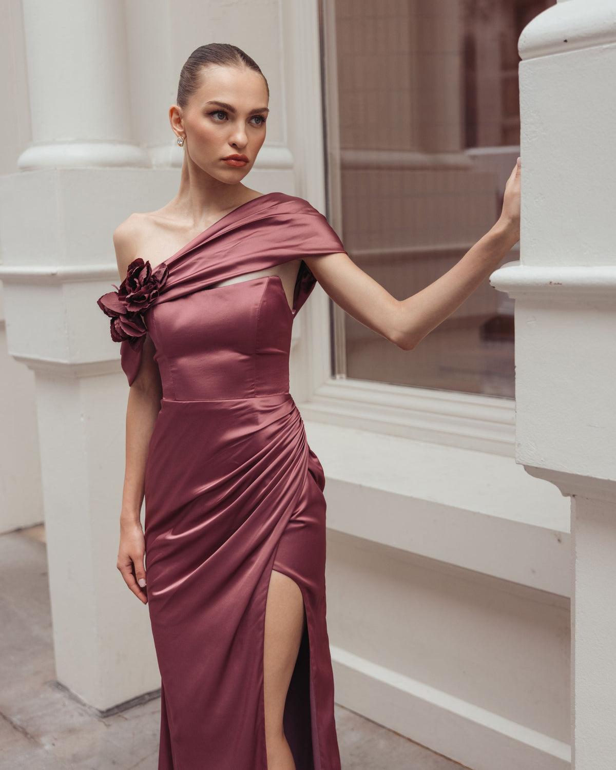 Mac Duggal #13311 rosewood charmeuse gown with thigh slit