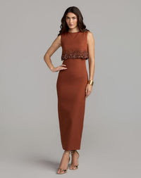 Mac Duggal 13346 nutmeg embroidered high neck sleeveless maxi dress — front