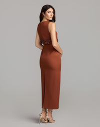 Brown Embroidered High Neck Sleeveless Maxi Dress