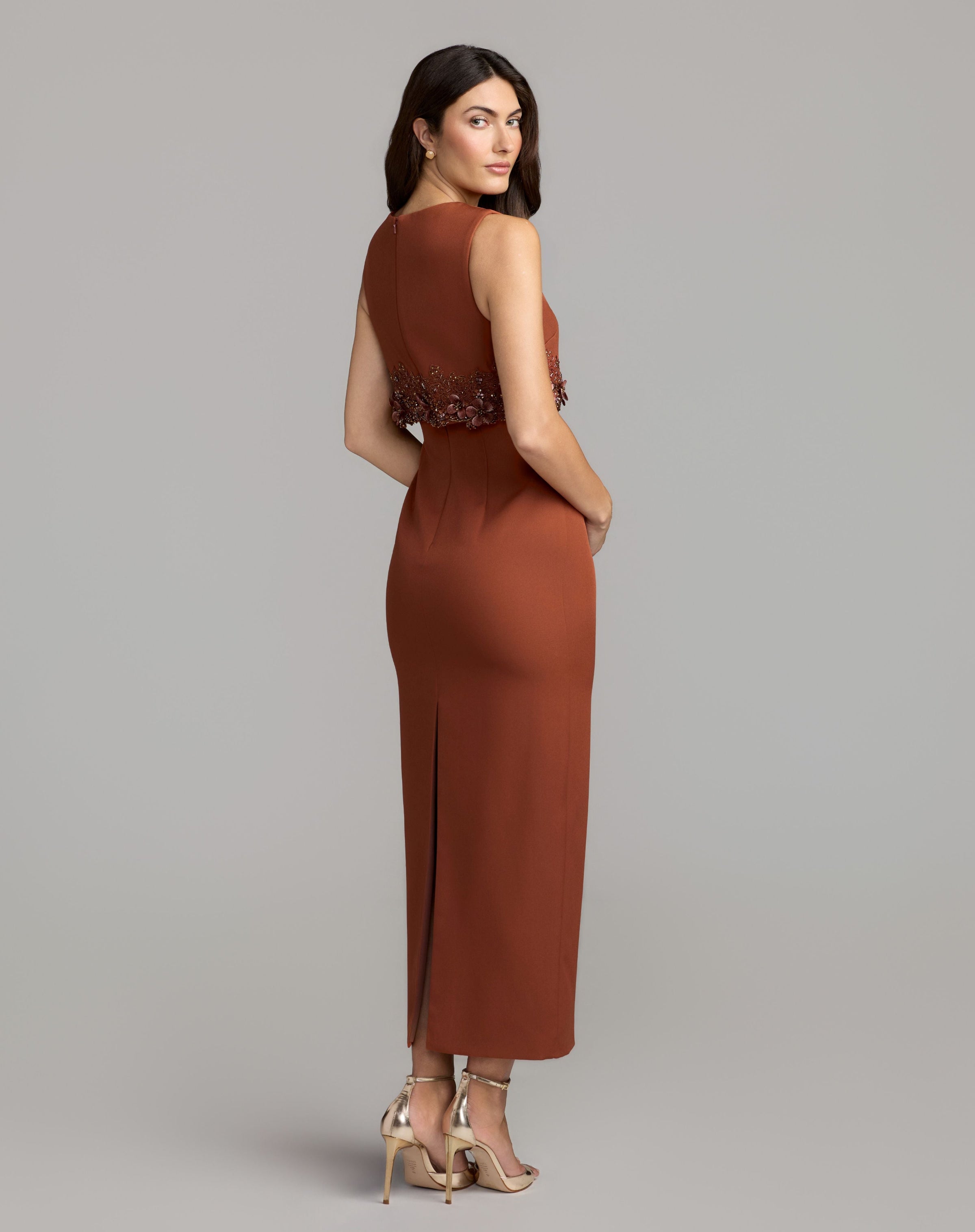 Brown Embroidered High Neck Sleeveless Maxi Dress