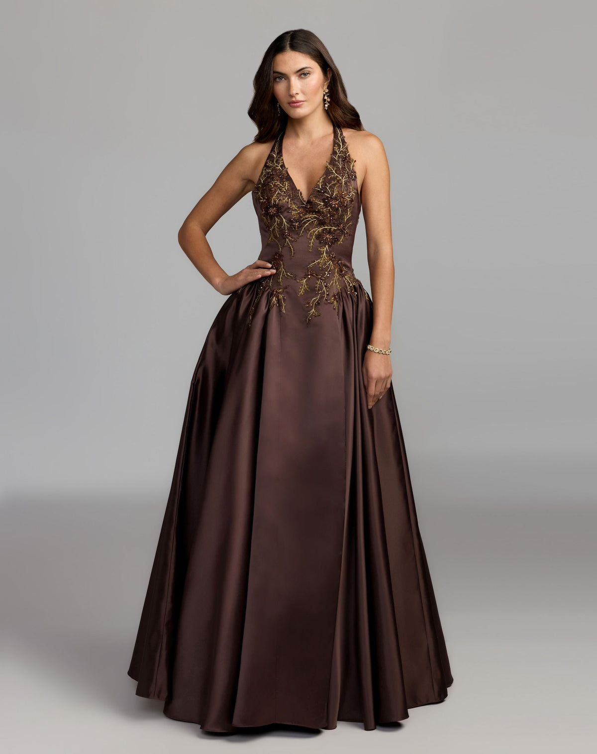 Mac Duggal 13354 chocolate halter neck floral embroidered satin A-line gown — front