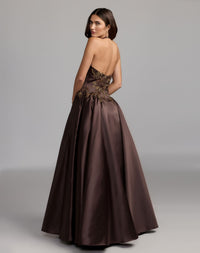 Brown Halter Neck Floral Embroidered Satin A-Line Gown