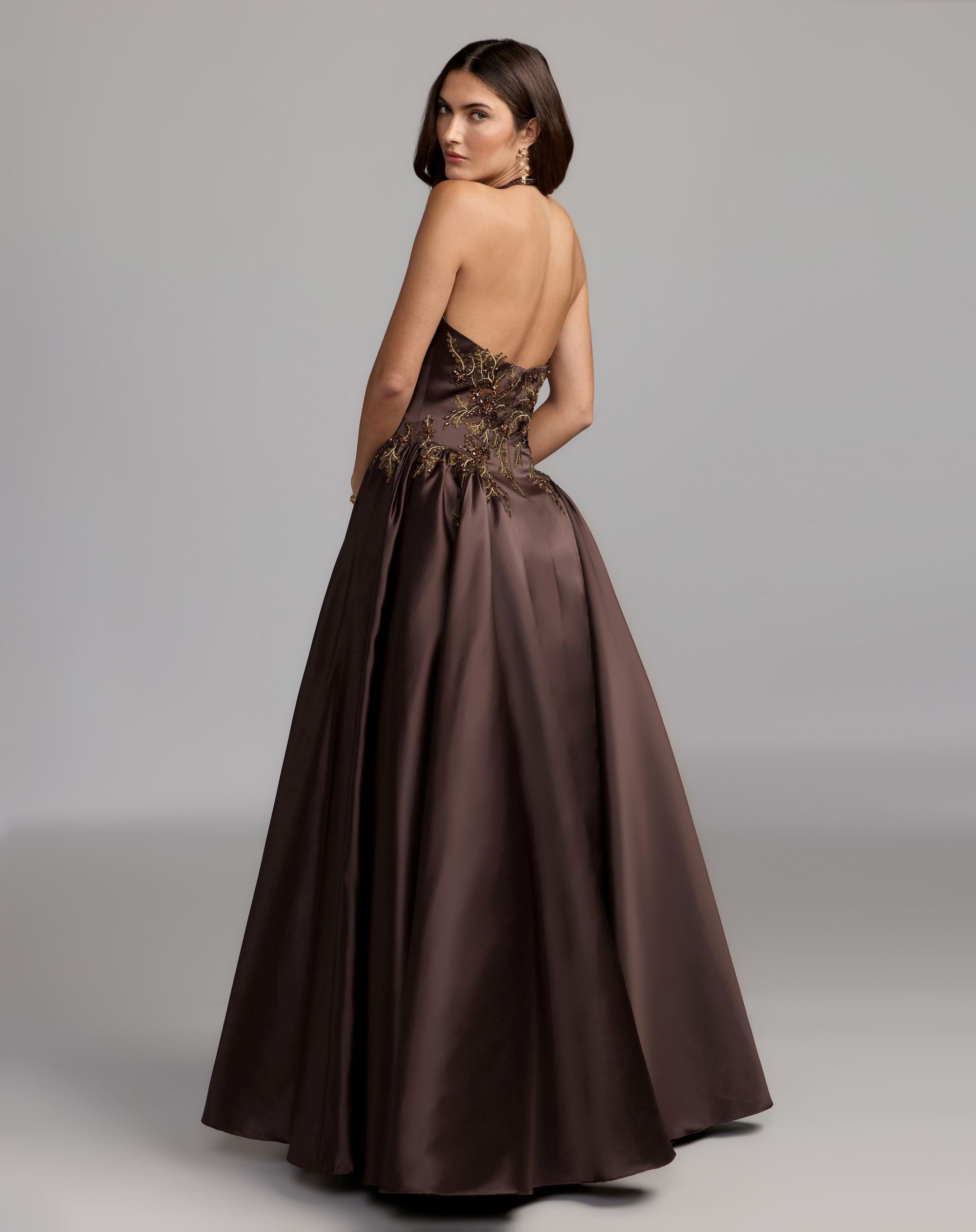 Brown Halter Neck Floral Embroidered Satin A-Line Gown