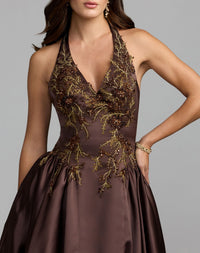 Brown Halter Neck Floral Embroidered Satin A-Line Gown
