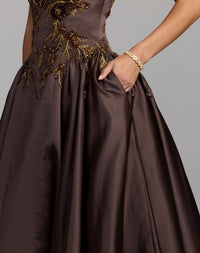 Brown Halter Neck Floral Embroidered Satin A-Line Gown