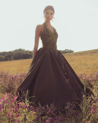 Brown Halter Neck Floral Embroidered Satin A-Line Gown