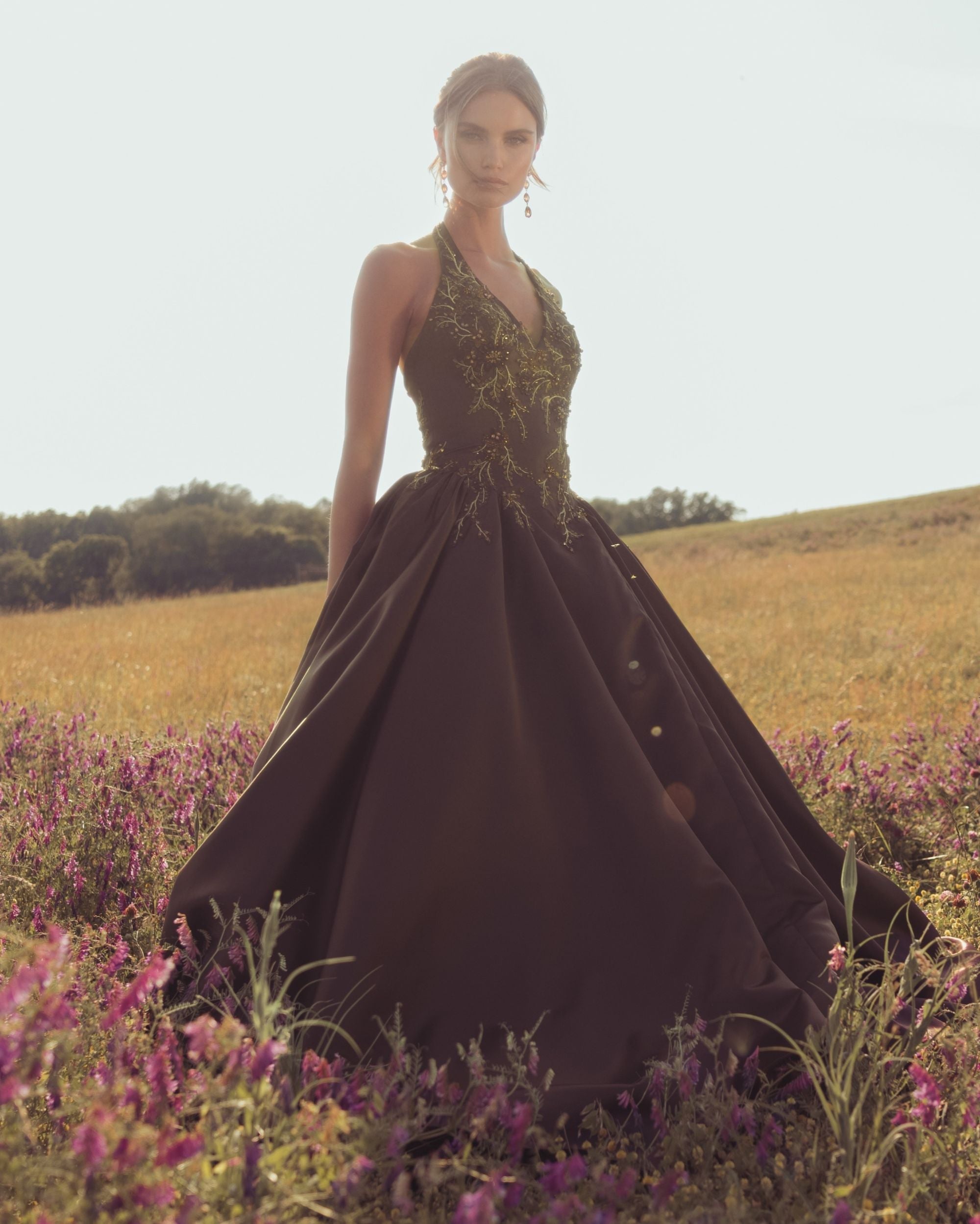 Brown Halter Neck Floral Embroidered Satin A-Line Gown
