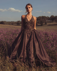 Brown Halter Neck Floral Embroidered Satin A-Line Gown