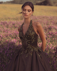 Brown Halter Neck Floral Embroidered Satin A-Line Gown