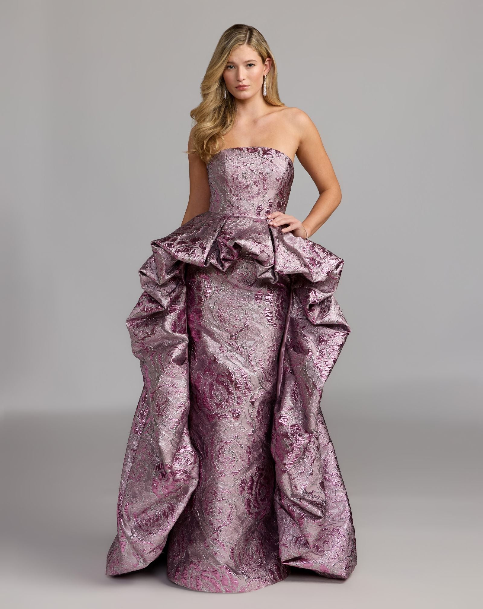 Mac Duggal #13359 rose metallic strapless gown with bubble overskirt