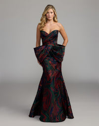 Mac Duggal #13365 multi swirl strapless brocade mermaid gown