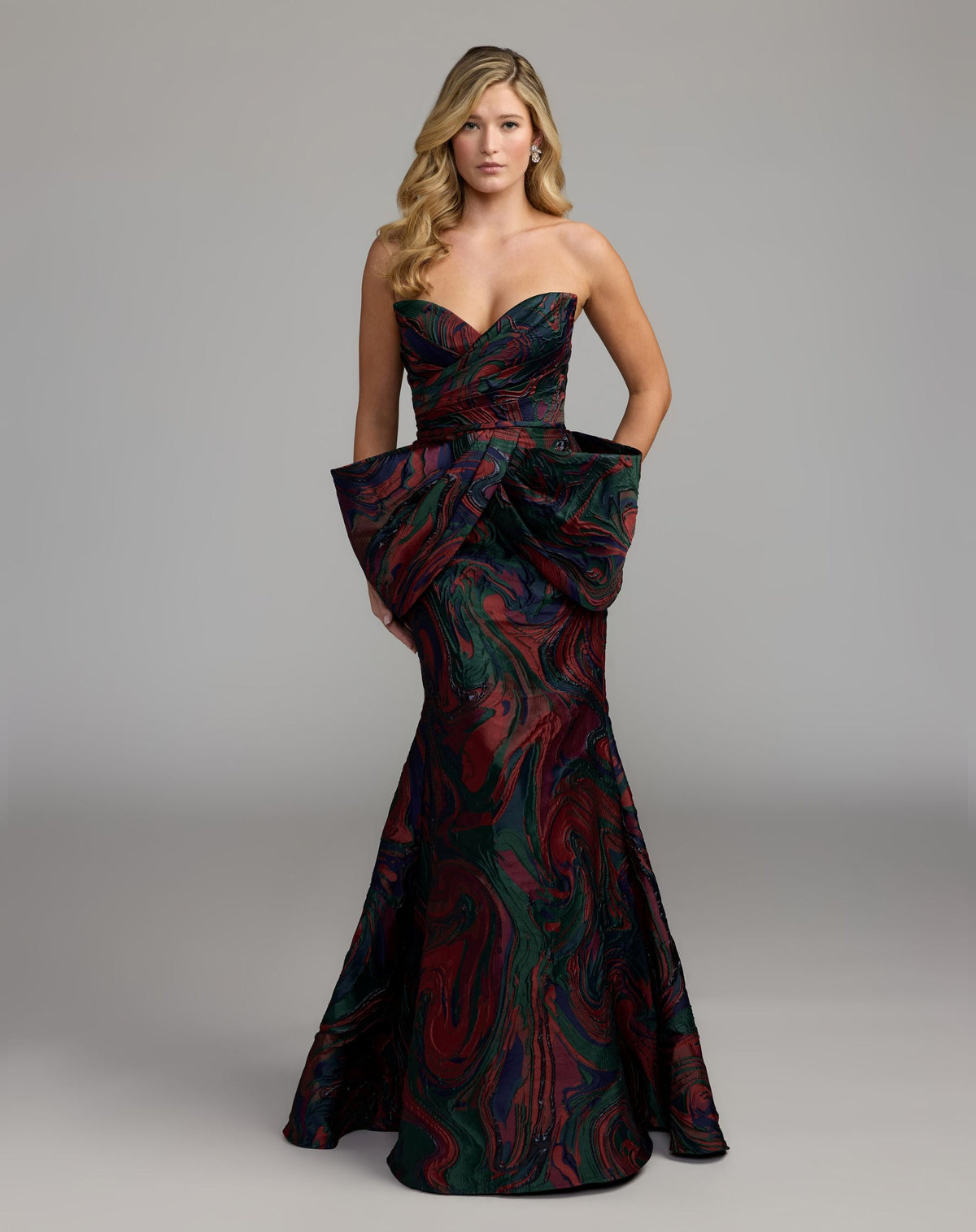 Mac Duggal #13365 multi swirl strapless brocade mermaid gown