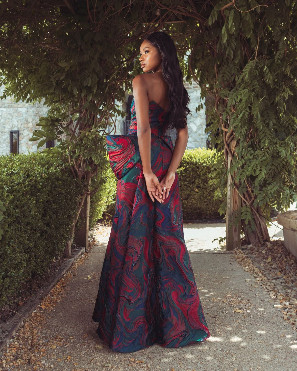 Mac Duggal #13365 multi swirl gown lifestyle back view