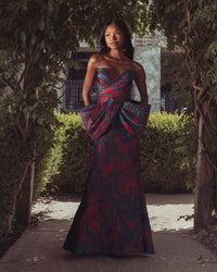 Mac Duggal #13365 multi swirl brocade mermaid gown lifestyle