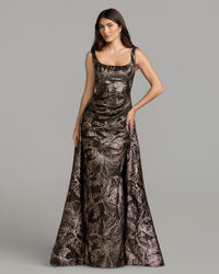 Mac Duggal #13381 bronze metallic floral brocade gown with overskirt