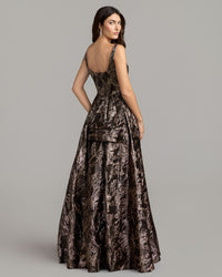 Mac Duggal #13381 bronze metallic floral brocade gown with overskirt
