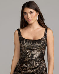 Mac Duggal #13381 bronze metallic floral brocade gown with overskirt