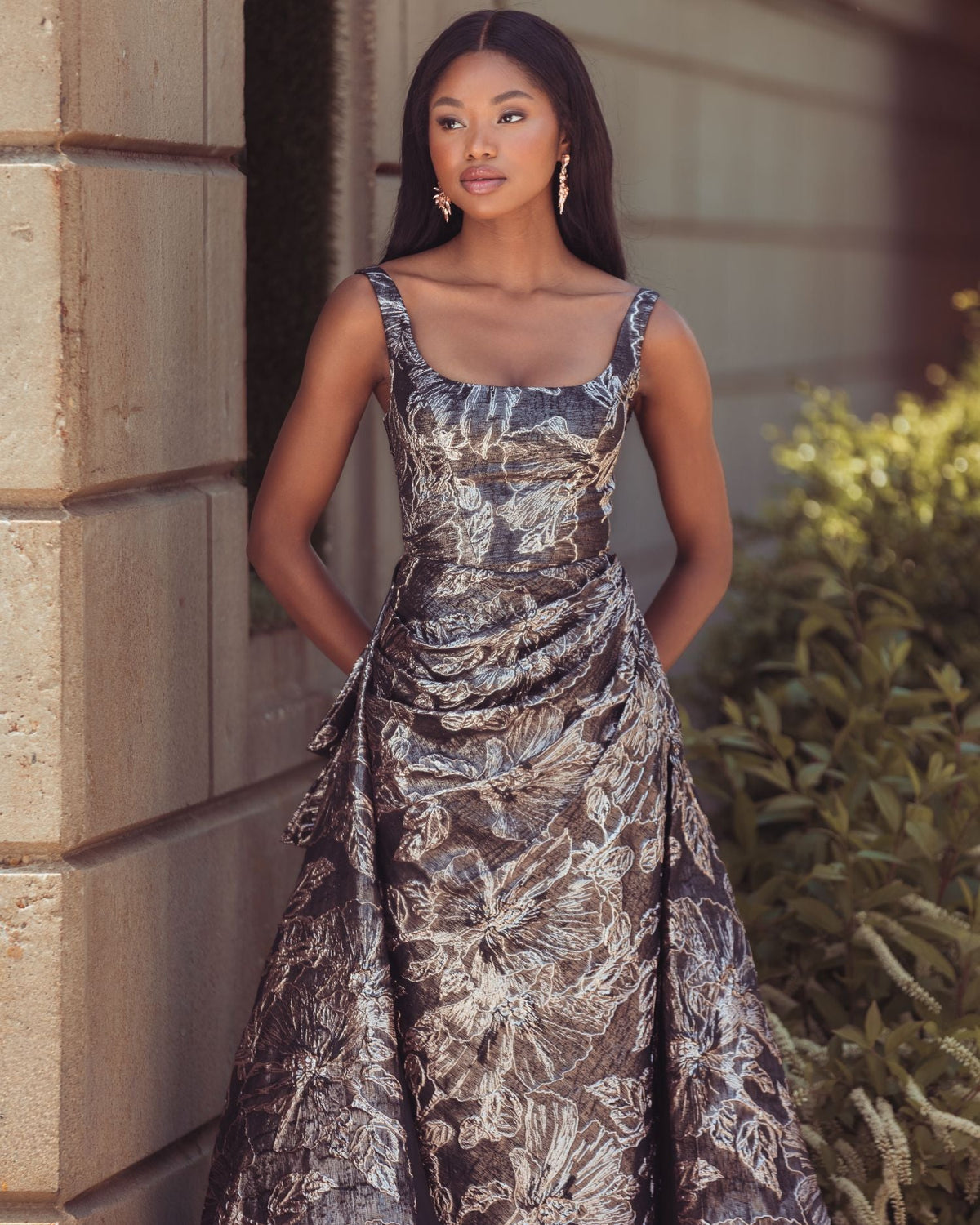 Mac Duggal #13381 bronze metallic floral brocade gown with overskirt