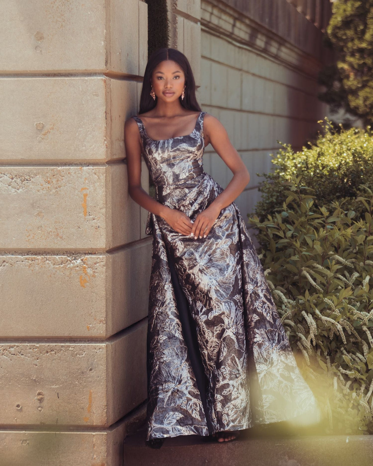 Mac Duggal #13381 bronze metallic floral brocade gown with overskirt