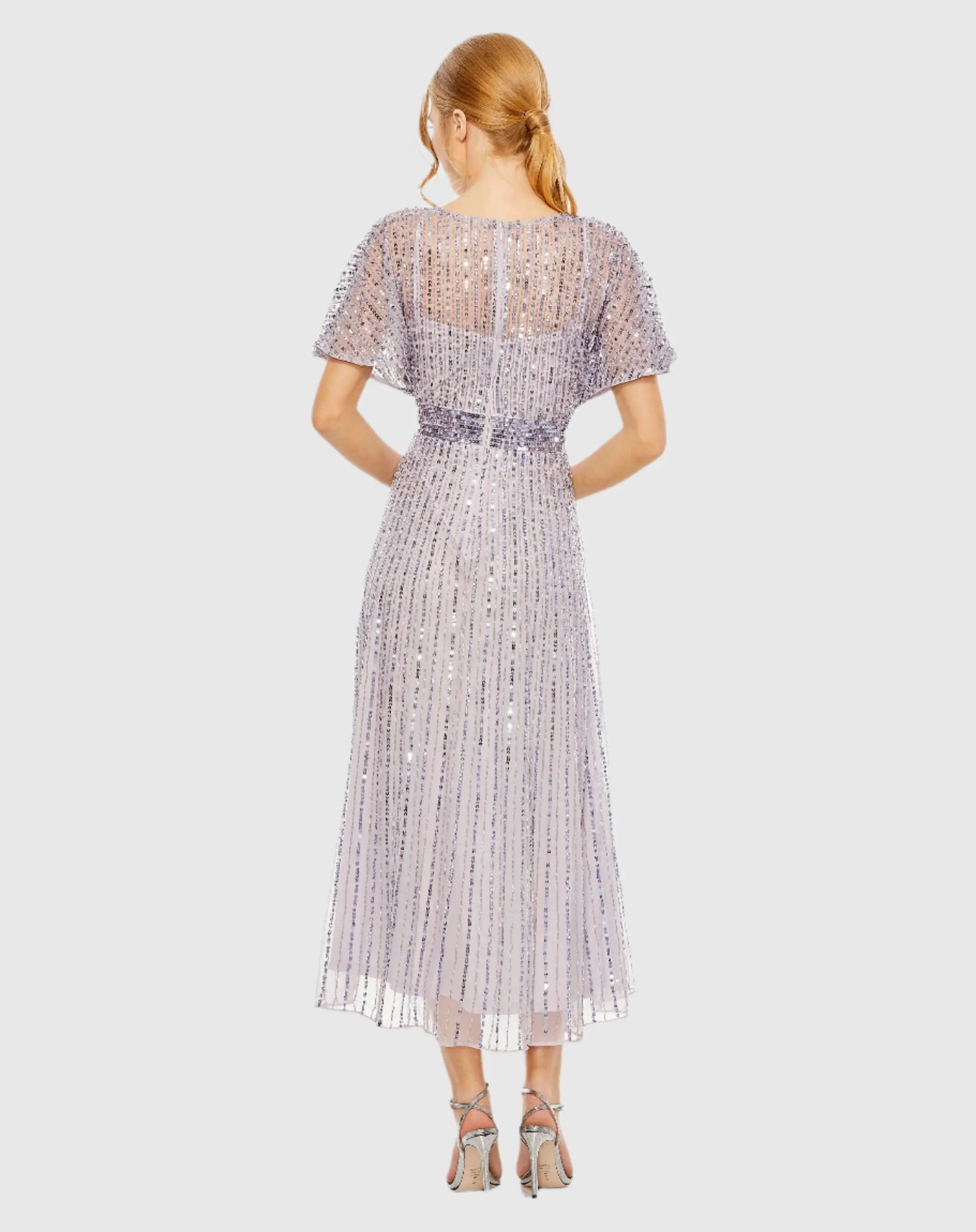 Mac Duggal 14007 Lavender embellished short sleeve empire waist dress - Back view