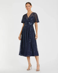 Mac Duggal 14007 Midnight embellished short sleeve empire waist dress - Front