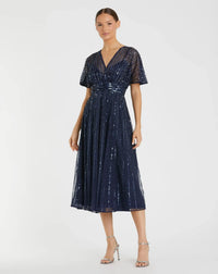 Mac Duggal 14007 Midnight A-line embellished short sleeve dress - front
