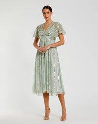 Mac Duggal 14007 Sage A-line embellished short sleeve dress - front