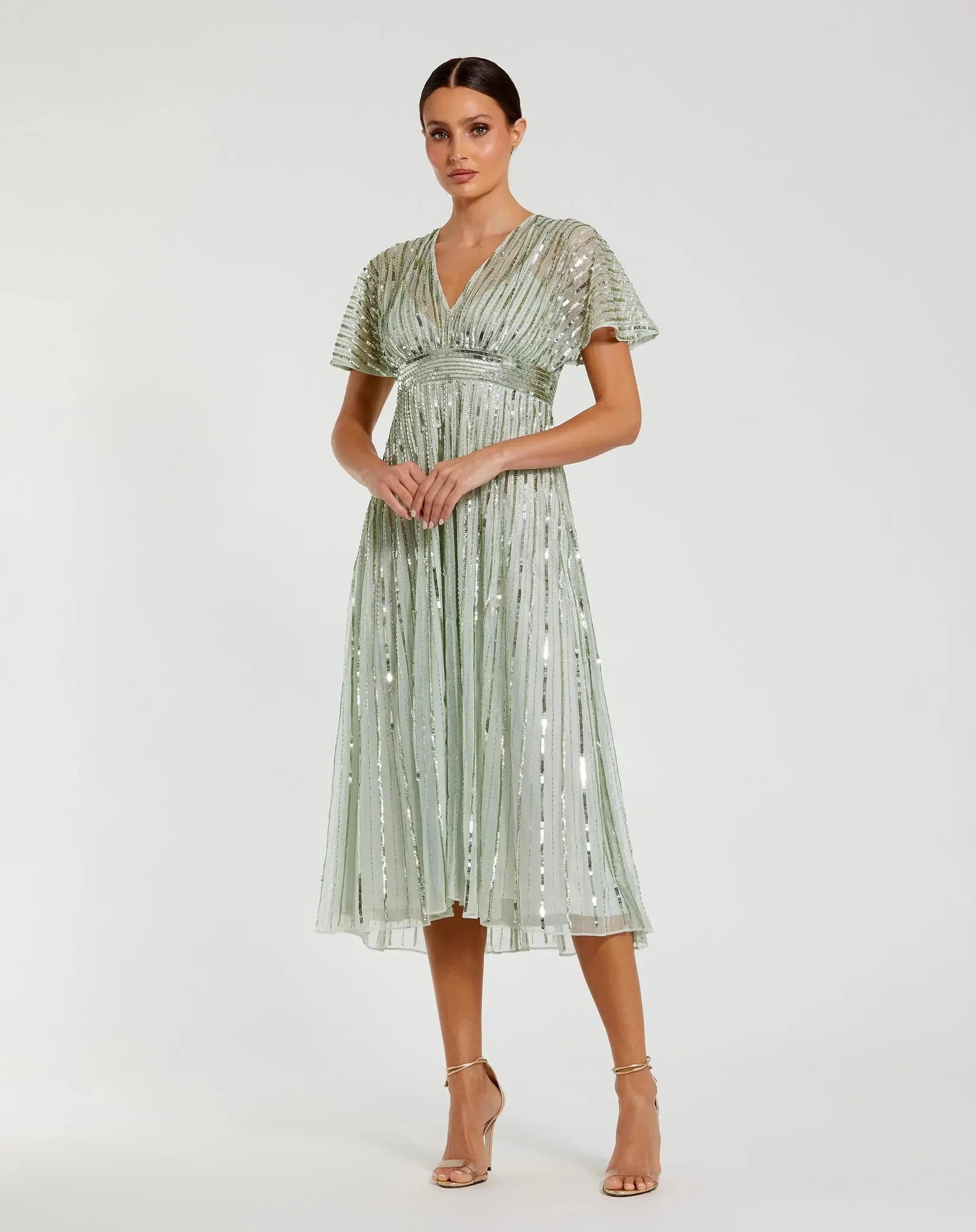 Mac Duggal 14007 Sage A-line embellished short sleeve dress - front