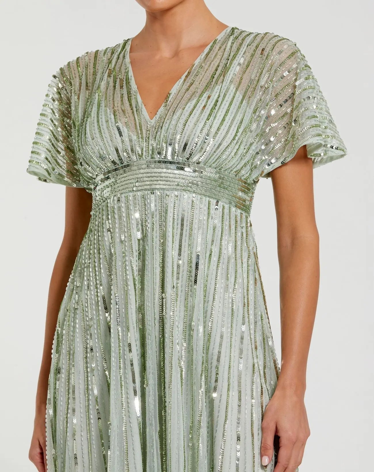 Green Embellished Short Sleeve Empire Waist Dress - Close Up