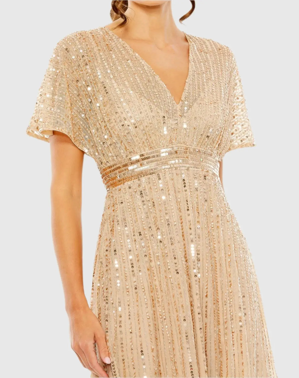 Mac Duggal 14007 Taupe A-line embellished short sleeve dress - detail