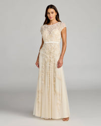 Mac Duggal #14521 Floral Embellished Short Sleeve Mesh Gown Butter Cream