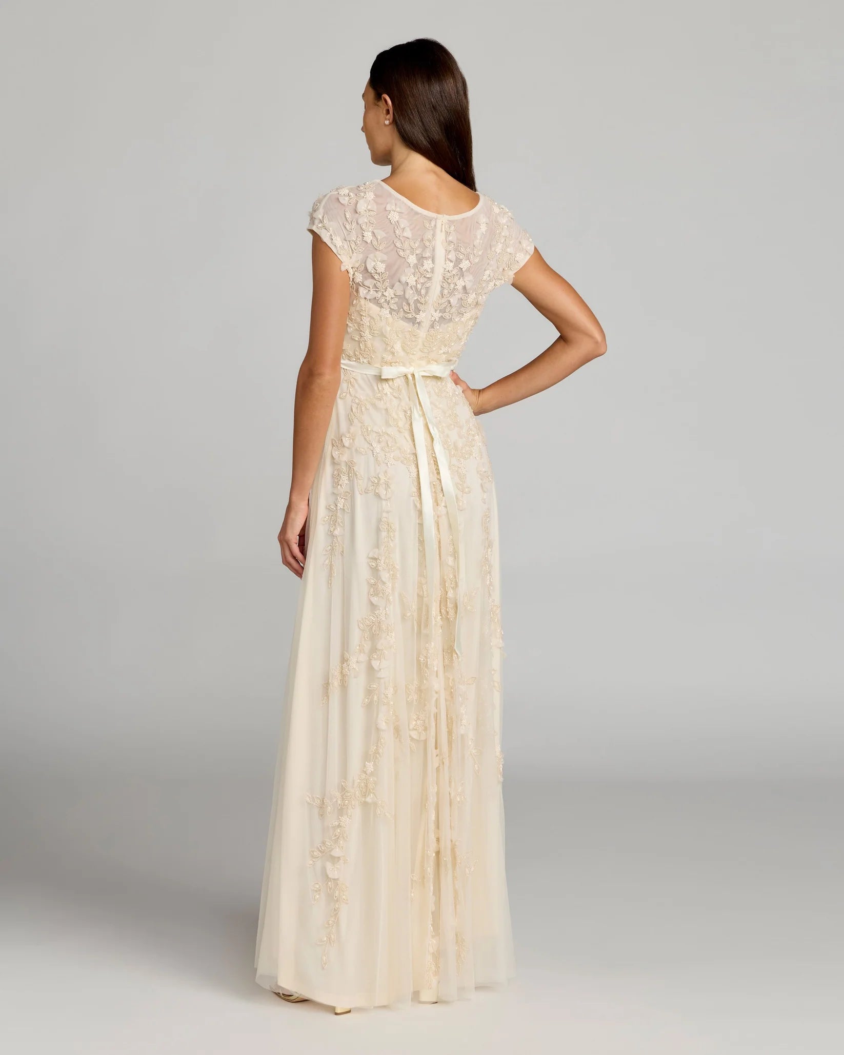 Mac Duggal #14521 Floral Embellished Short Sleeve Mesh Gown Butter Cream