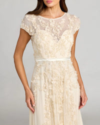 Mac Duggal #14521 Floral Embellished Short Sleeve Mesh Gown Butter Cream