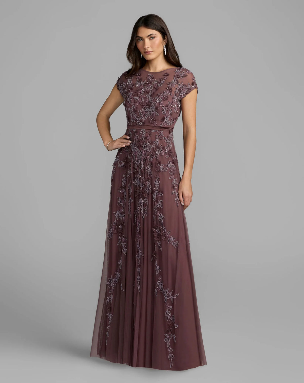 Mac Duggal 14521 Heather floral embellished short sleeve mesh gown - front