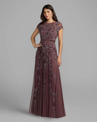 Mac Duggal 14521 Heather floral embellished short sleeve mesh gown - front