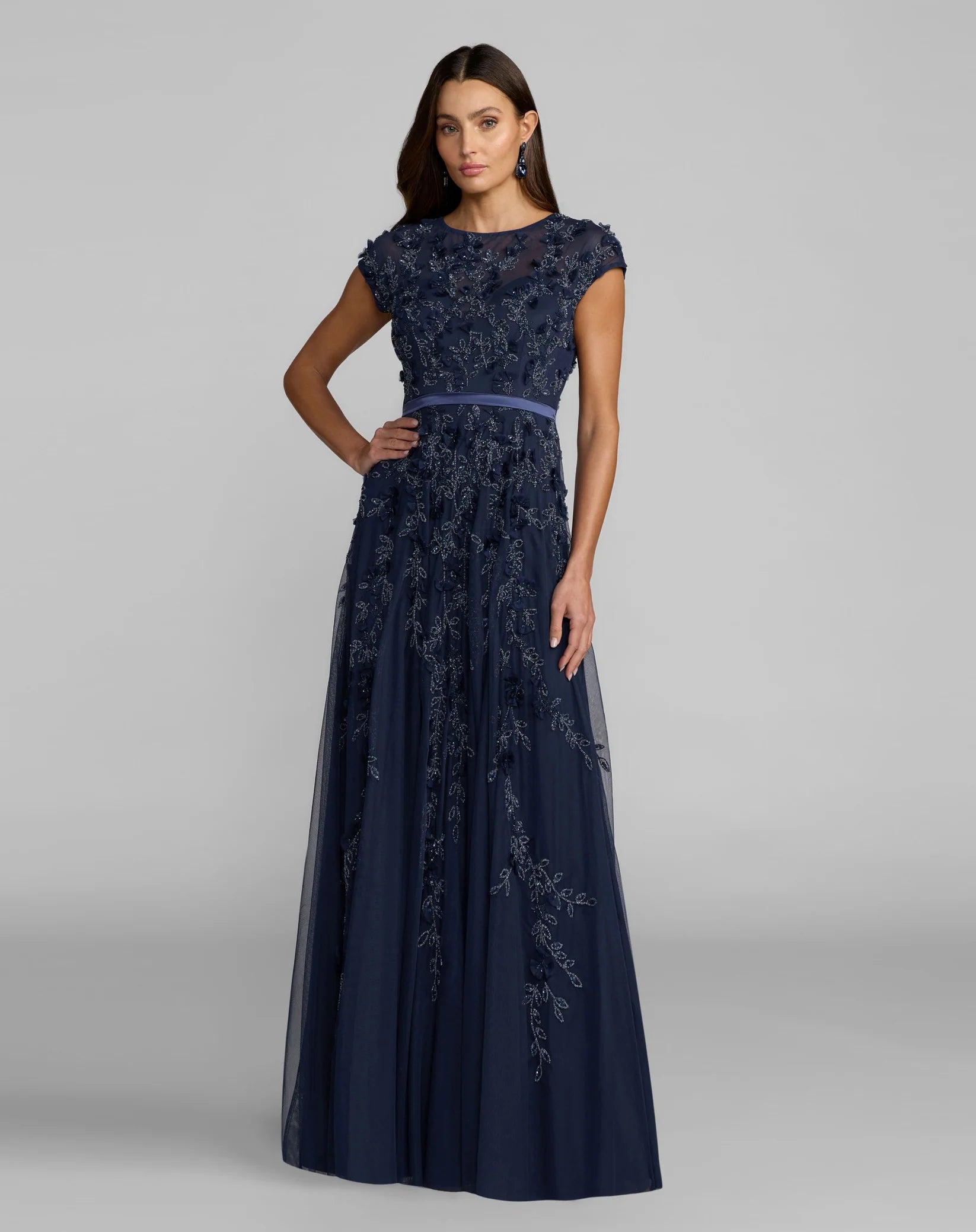 Mac Duggal 14521 Midnight floral embellished short sleeve mesh gown - front