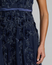Mac Duggal 14521 Midnight floral embellished short sleeve mesh gown - close-up