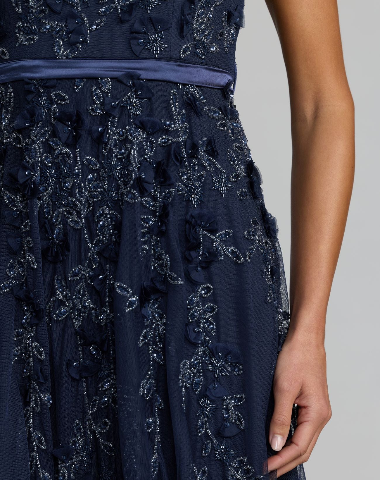 Mac Duggal 14521 Midnight floral embellished short sleeve mesh gown - close-up