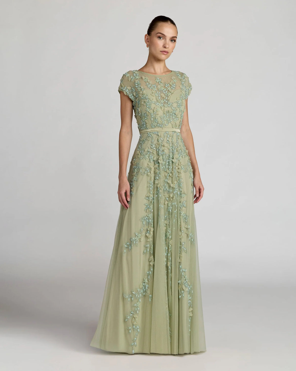 Mac Duggal 14521 Sage floral embellished short sleeve mesh gown - front