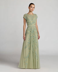 Mac Duggal 14521 Sage floral embellished short sleeve mesh gown - front