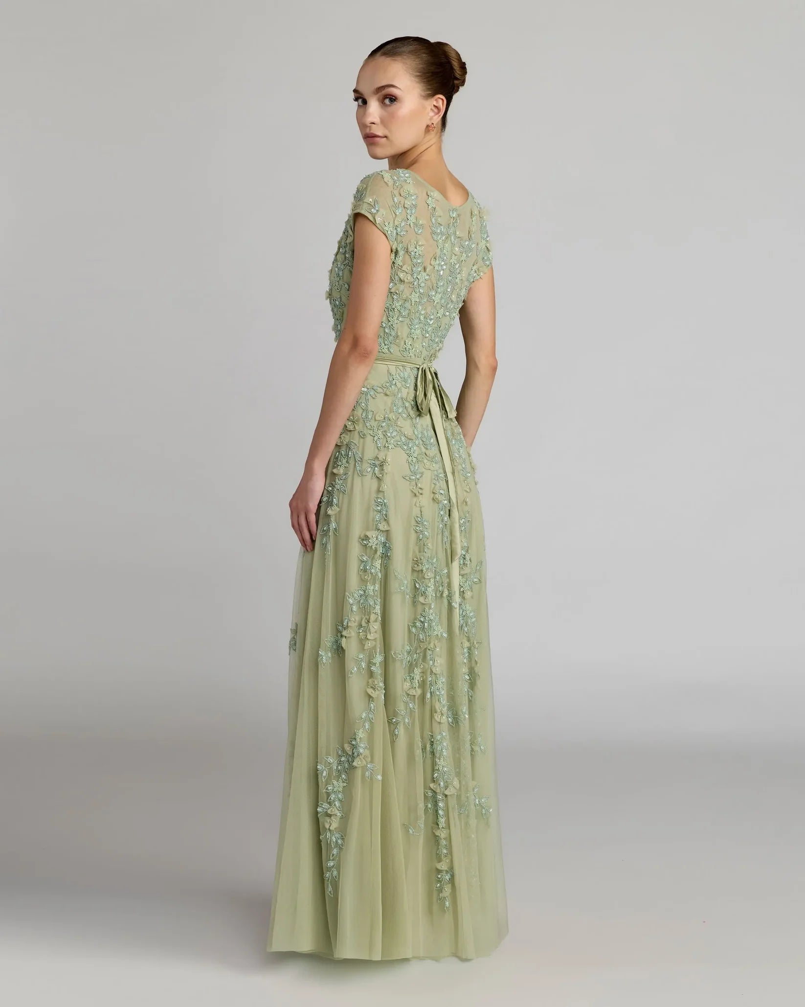 Mac Duggal 14521 Sage floral embellished short sleeve mesh gown - back