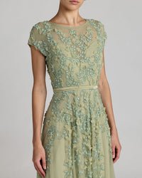 Mac Duggal 14521 Sage floral embellished short sleeve mesh gown - detail