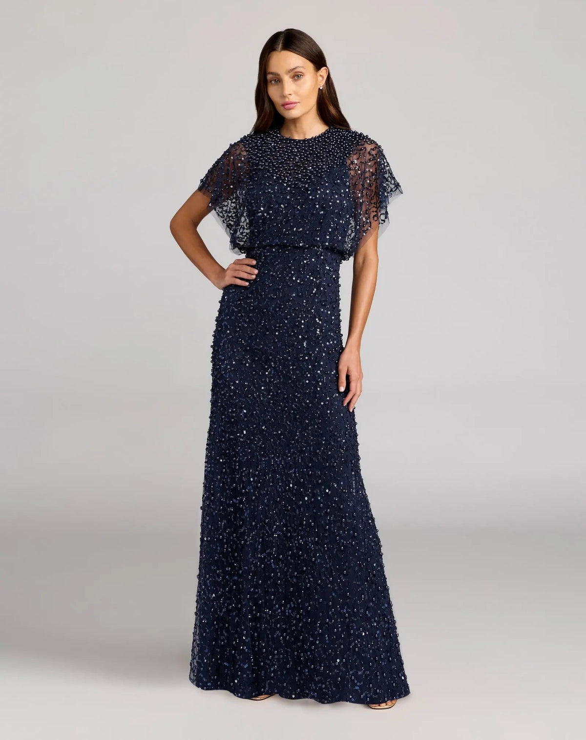 Mac Duggal Navy Blue High Neck Short Sleeve Embellished Gown #14523 Midnight