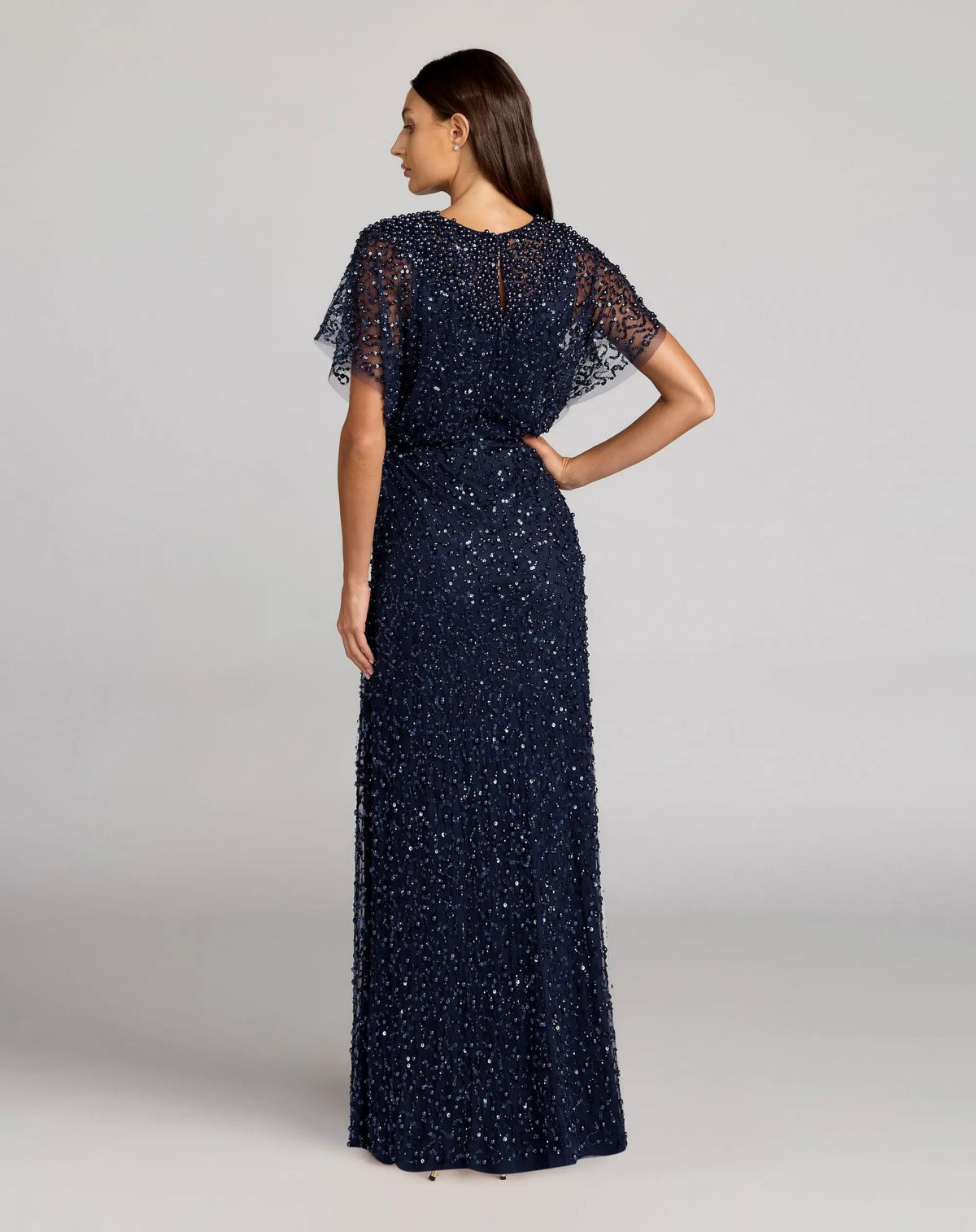 Mac Duggal Navy Blue High Neck Short Sleeve Embellished Gown #14523 Midnight back view
