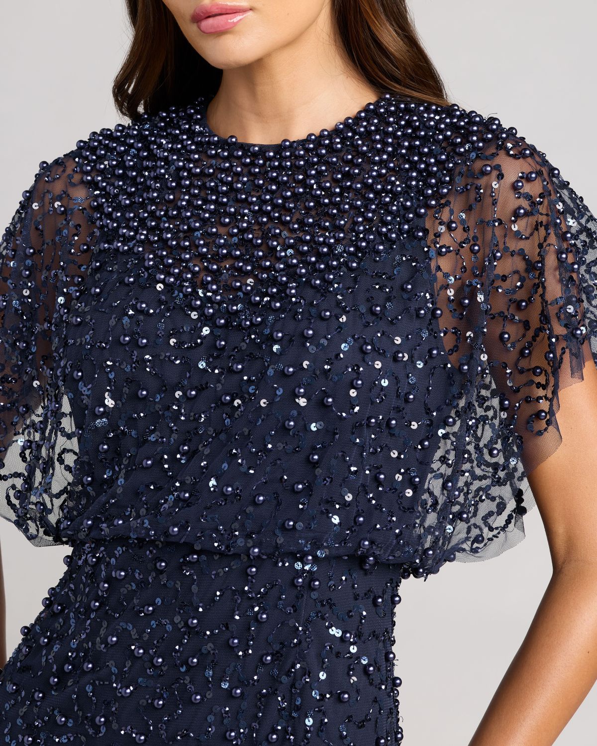 Mac Duggal Navy Blue High Neck Short Sleeve Embellished Gown #14523 Midnight Close Up